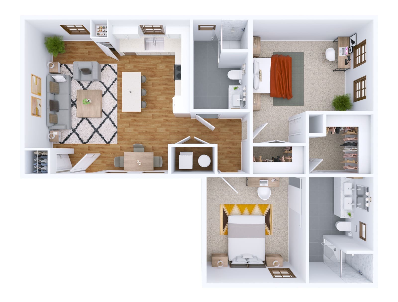 3D Render of a 2 Bedroom Unit, USA